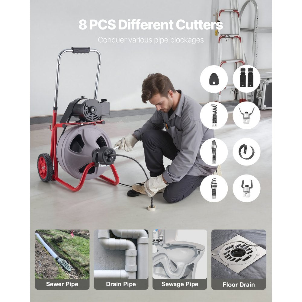 VEVOR Drain Cleaner Machine 75 FT x 3/8 Inch, Auto Feed Sewer Snake Drain Auger on Wheels, Portable Drain Cleaning Machine with 8 Cutters & Air-Activated Foot Switch for 2" to 4" Pipes