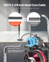 VEVOR Drain Cleaner Machine 100 FT x 3/8 Inch, Auto Feed Sewer Snake Auger on Wheels - with 8 Cutters & Air-Activated Foot Switch for 2" to 4" Pipes