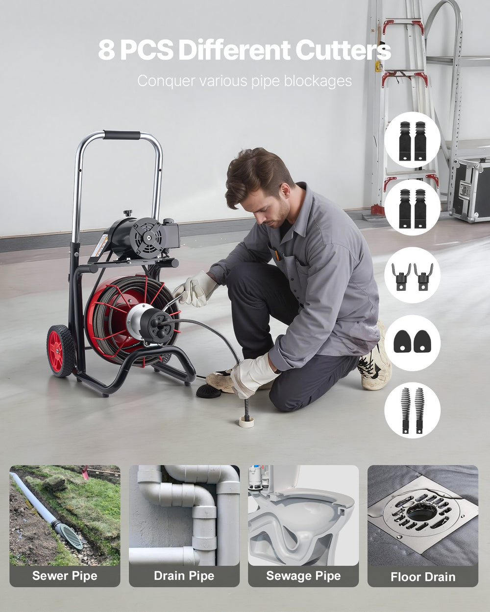 VEVOR Drain Cleaner Machine 100 FT x 3/8 Inch, Auto Feed Sewer Snake Auger on Wheels - with 8 Cutters & Air-Activated Foot Switch for 2" to 4" Pipes