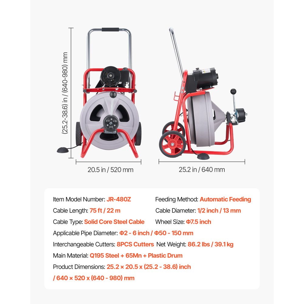 VEVOR Drain Cleaner Machine 75 FT x 1/2 Inch, Auto Feed Sewer Snake Drain Auger on Wheels, Portable Drain Cleaning Machine with 8 Cutters & Air-Activated Foot Switch for 2" to 6" Pipes