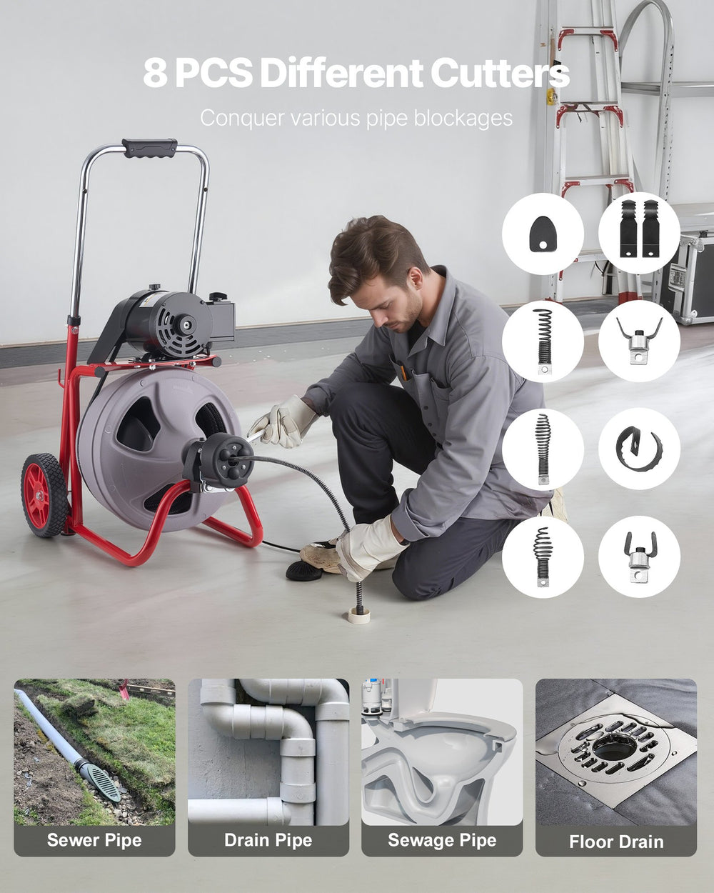 VEVOR Drain Cleaner Machine 100 FT x 3/8 Inch, Auto Feed Sewer Snake Drain Auger on Wheels, Portable Drain Cleaning Machine with 8 Cutters & Air-Activated Foot Switch for 2" to 4" Pipes