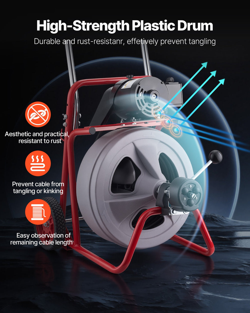 VEVOR Drain Cleaner Machine 100 FT x 1/2 Inch, Auto Feed Sewer Snake Drain Auger on Wheels, Portable Drain Cleaning Machine with 8 Cutters & Air-Activated Foot Switch for 2" to 6" Pipes