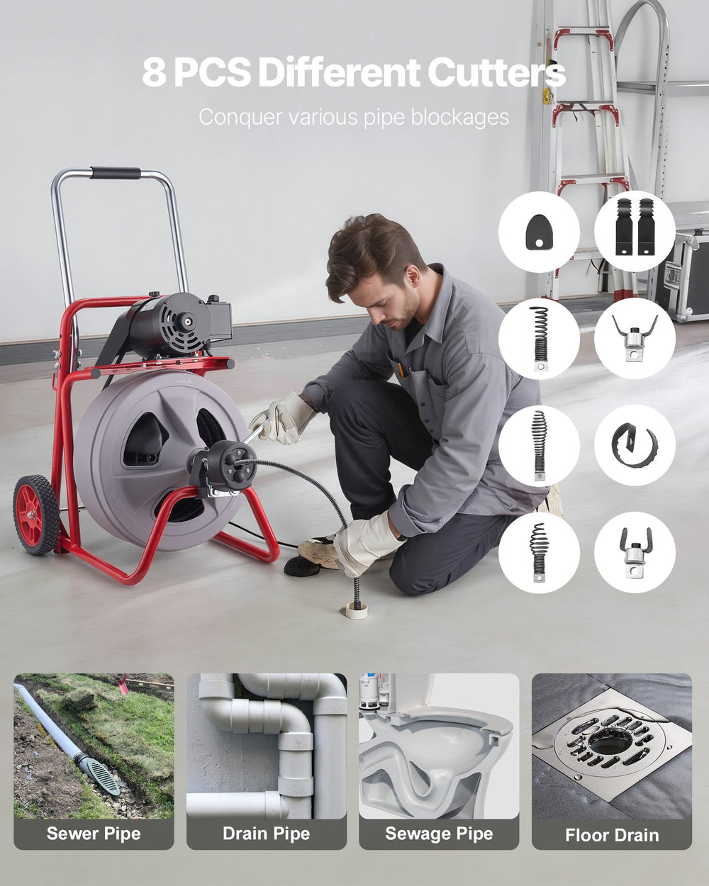 VEVOR Drain Cleaner Machine 100 FT x 1/2 Inch, Auto Feed Sewer Snake Drain Auger on Wheels, Portable Drain Cleaning Machine with 8 Cutters & Air-Activated Foot Switch for 2" to 6" Pipes