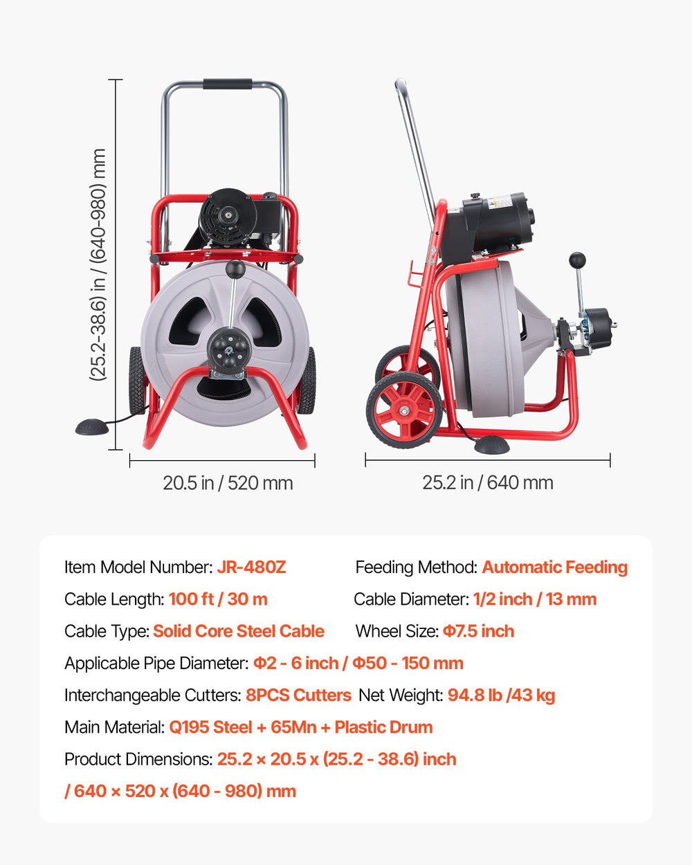 VEVOR Drain Cleaner Machine 100 FT x 1/2 Inch, Auto Feed Sewer Snake Drain Auger on Wheels, Portable Drain Cleaning Machine with 8 Cutters & Air-Activated Foot Switch for 2" to 6" Pipes