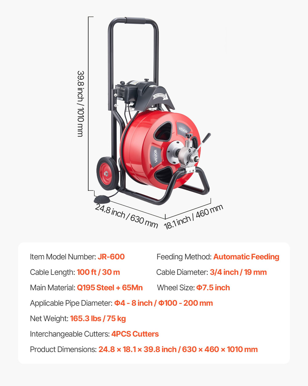 VEVOR Drain Cleaner Machine 100 FT x 3/4 Inch, Auto Feed Sewer Snake Auger on Wheels, Portable Drain Cleaning Machine with 4 Cutters & Air-activated Foot Switch for 4" to 8" Pipes