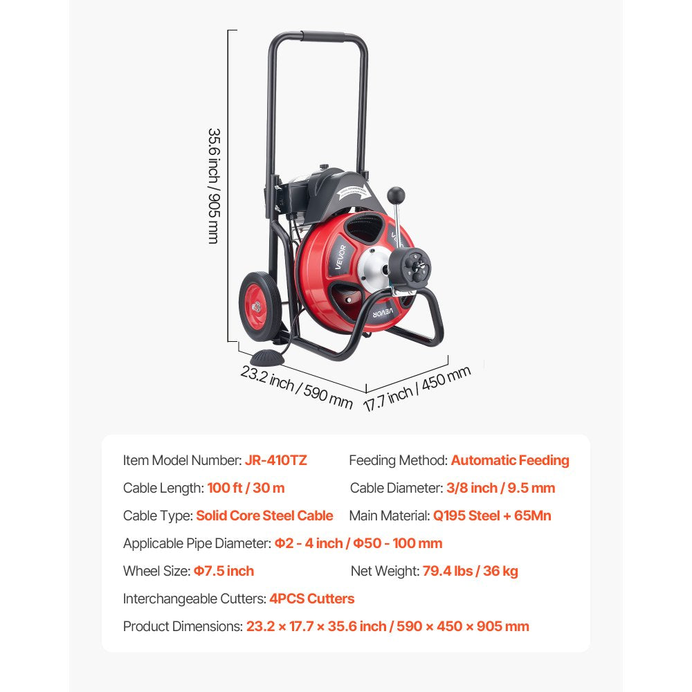 VEVOR Drain Cleaner Machine 100 FT x 3/8 Inch, Auto Feed Sewer Snake Auger on Wheels, Portable Drain Cleaning Machine with 4 Cutters & Air-activated Foot Switch for 2" to 4" Pipes