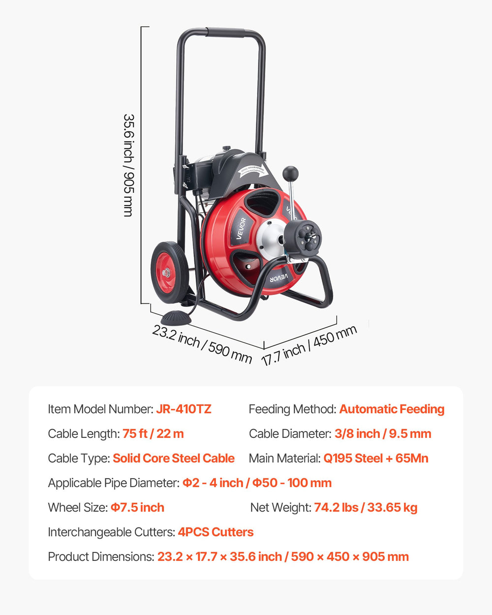 VEVOR Drain Cleaner Machine 75 FT x 3/8 Inch, Auto Feed Sewer Snake Auger on Wheels, Portable Drain Cleaning Machine with 4 Cutters & Air-activated Foot Switch for 2" to 4" Pipes
