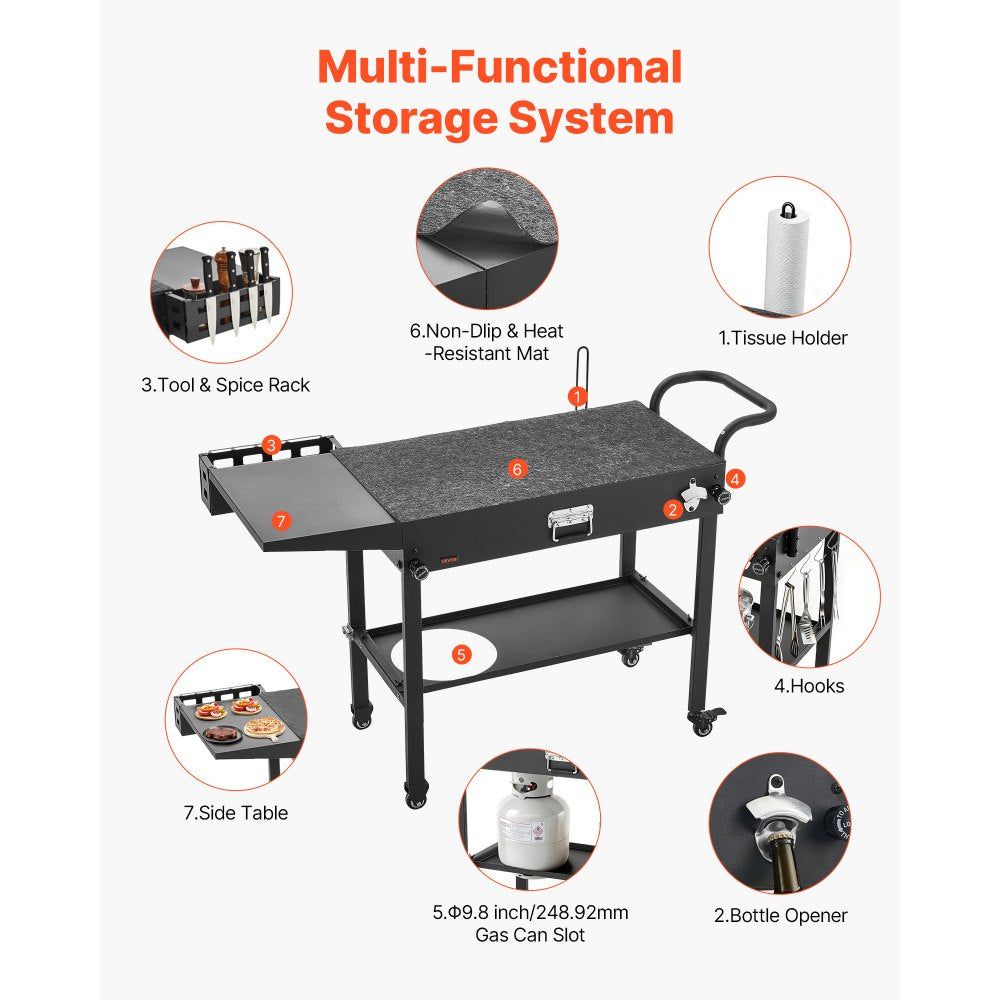 VEVOR Outdoor Grill Cart, 31.0 x 17.0 inch Tabletop Size Grilling Table, Foldable Outdoor Cooking Table with Tissue Holder, Hooks, Wheels, Side Table, BBQ Prep Tables for Picnic, Kitchen, Courtyard