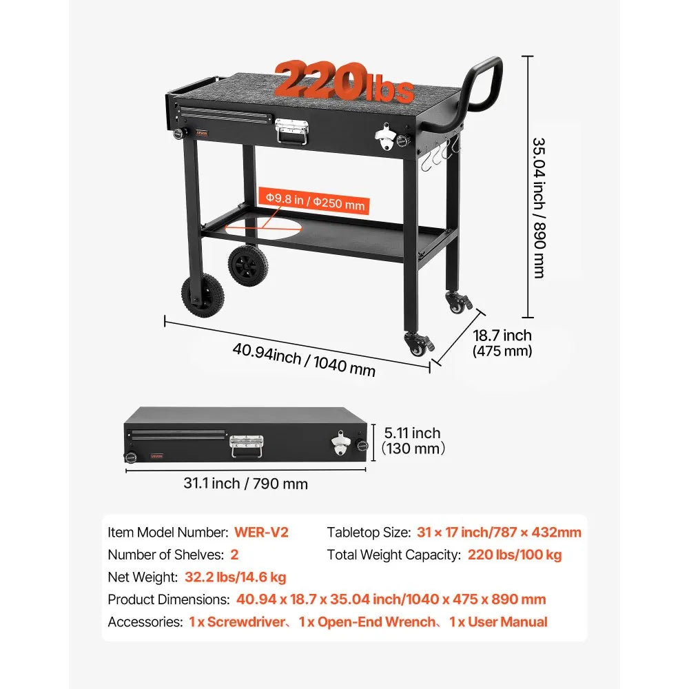VEVOR Outdoor Grill Cart, 31.0 x 17.0 inch Tabletop Size Grilling Table, Foldable Outdoor Cooking Table with Tissue Holder, Wheels, Magnetic Tool Rack, BBQ Prep Tables for Picnic, Kitchen, Courtyard