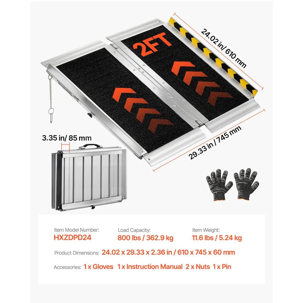 VEVOR Portable Wheelchair Ramp, 2FT, Non-Slip Aluminum Folding Handicap Ramp for Wheelchair, 800 lbs Capacity, Door Threshold Ramps for Home Steps, Stairs, Entry, Threshold, Doorways, Scooter, Curbs