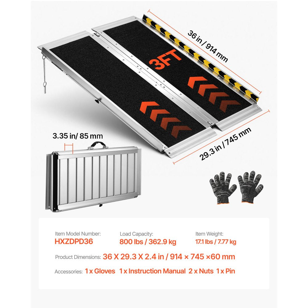 VEVOR Portable Wheelchair Ramp, 3FT, Non-Slip Aluminum Folding Handicap Ramp for Wheelchair, 800 lbs Capacity, Door Threshold Ramps for Home Steps, Stairs, Entry, Threshold, Doorways, Scooter, Curbs