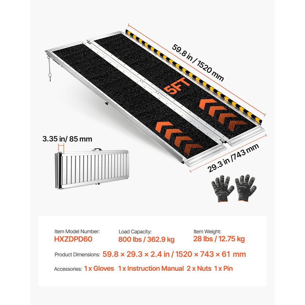 VEVOR Portable Wheelchair Ramp, 5FT, Non-Slip Aluminum Folding Handicap Ramp for Wheelchair, 800 lbs Capacity, Door Threshold Ramps for Home Steps, Stairs, Entry, Threshold, Doorways, Scooter, Curbs