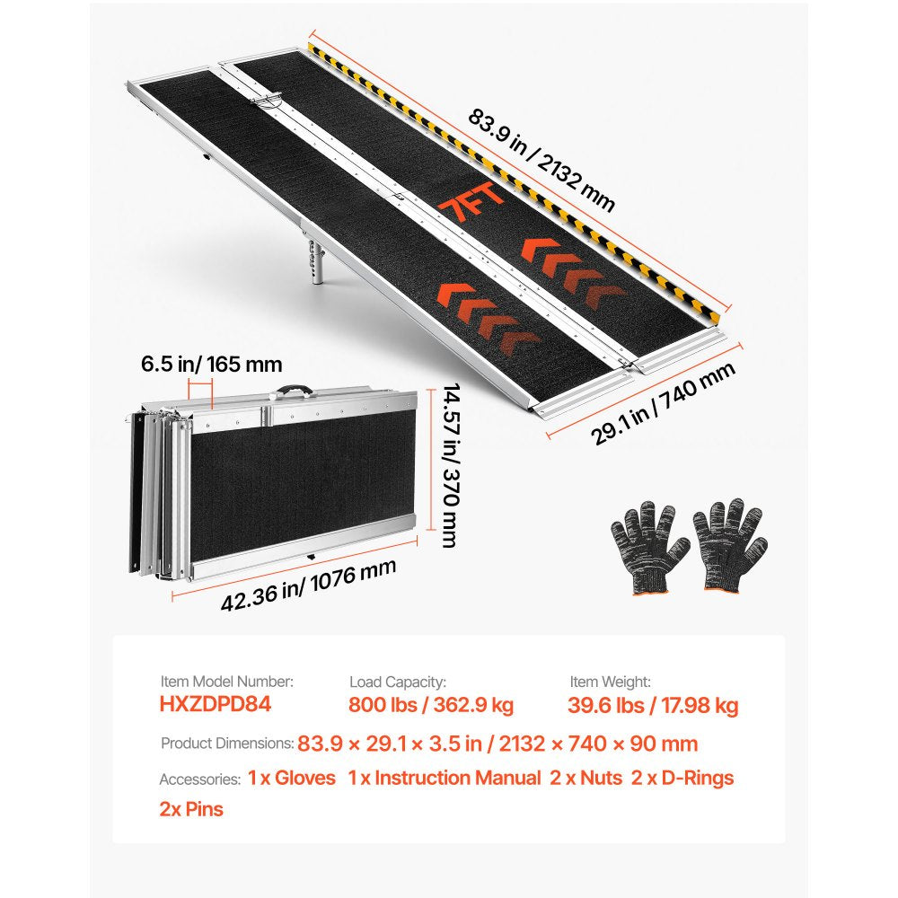 VEVOR Portable Wheelchair Ramp, 7FT, Non-Slip Aluminum Folding Handicap Ramp for Wheelchair, 800 lbs Capacity, Door Threshold Ramps for Home Steps, Stairs, Entry, Threshold, Doorways, Scooter, Curbs