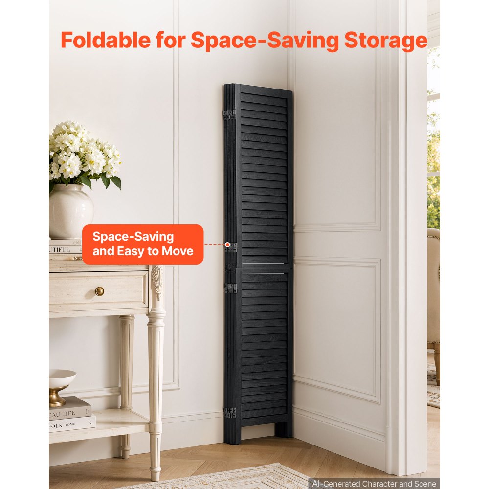 VEVOR Wood Room Divider 4 Panels 67 in Wood Folding Privacy Screen Black, For Room Separation & Home Decor, Solid Frame, 360° Two-Way Hinges, Easy Assembly, Louvered Wooden Partition with Hardware