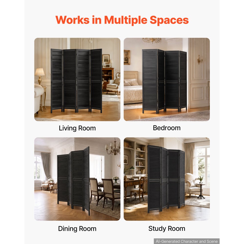 VEVOR Wood Room Divider 4 Panels 67 in Wood Folding Privacy Screen Black, For Room Separation & Home Decor, Solid Frame, 360° Two-Way Hinges, Easy Assembly, Louvered Wooden Partition with Hardware