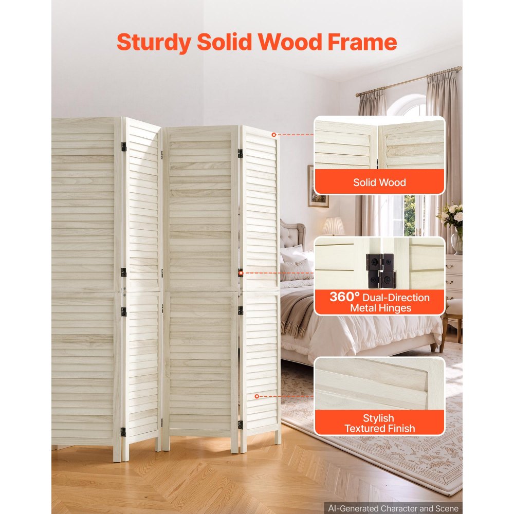 VEVOR Wood Room Divider 4 Panels 67 in Tall Wood Folding Privacy Screen, For Room Separation & Home Decor, Solid Frame, 360° Two-Way Hinges, Easy Assembly, Louvered Wooden Partition with Hardware