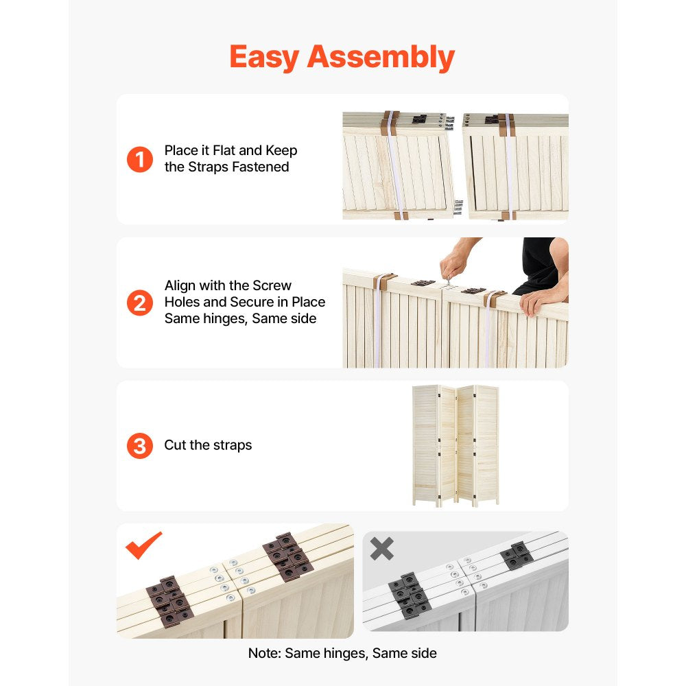 VEVOR Wood Room Divider 4 Panels 67 in Tall Wood Folding Privacy Screen, For Room Separation & Home Decor, Solid Frame, 360° Two-Way Hinges, Easy Assembly, Louvered Wooden Partition with Hardware