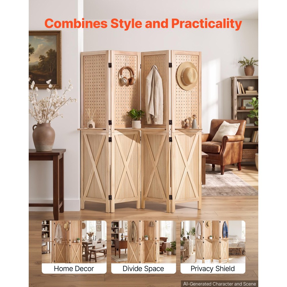 VEVOR Wood Room Divider Pegboard Wood Folding Privacy Screen with Shelves, For Room Separation & Home Decor, 4 Panels, Solid Frame with X Pattern, 360° Two-Way Hinges, Wooden Partition with Hardware