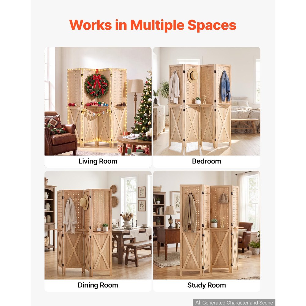 VEVOR Wood Room Divider Pegboard Wood Folding Privacy Screen with Shelves, For Room Separation & Home Decor, 4 Panels, Solid Frame with X Pattern, 360° Two-Way Hinges, Wooden Partition with Hardware