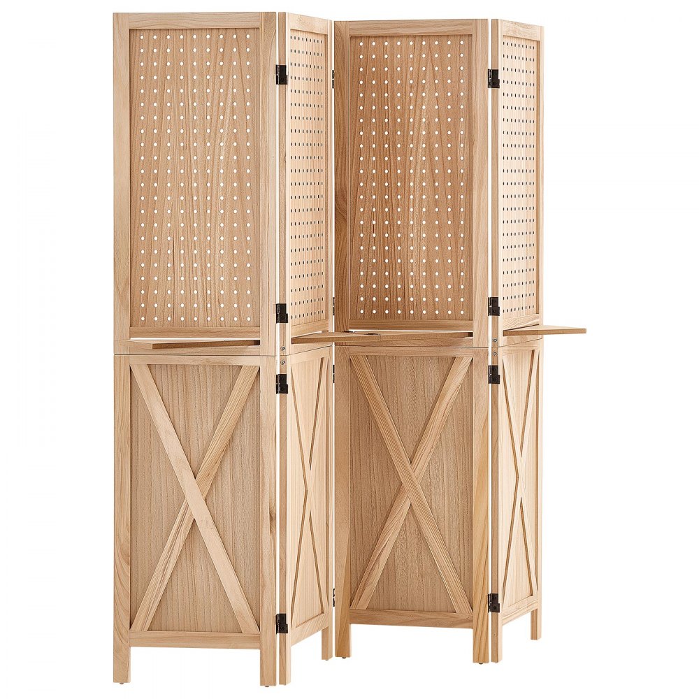 VEVOR Wood Room Divider Pegboard Wood Folding Privacy Screen with Shelves, For Room Separation & Home Decor, 4 Panels, Solid Frame with X Pattern, 360° Two-Way Hinges, Wooden Partition with Hardware