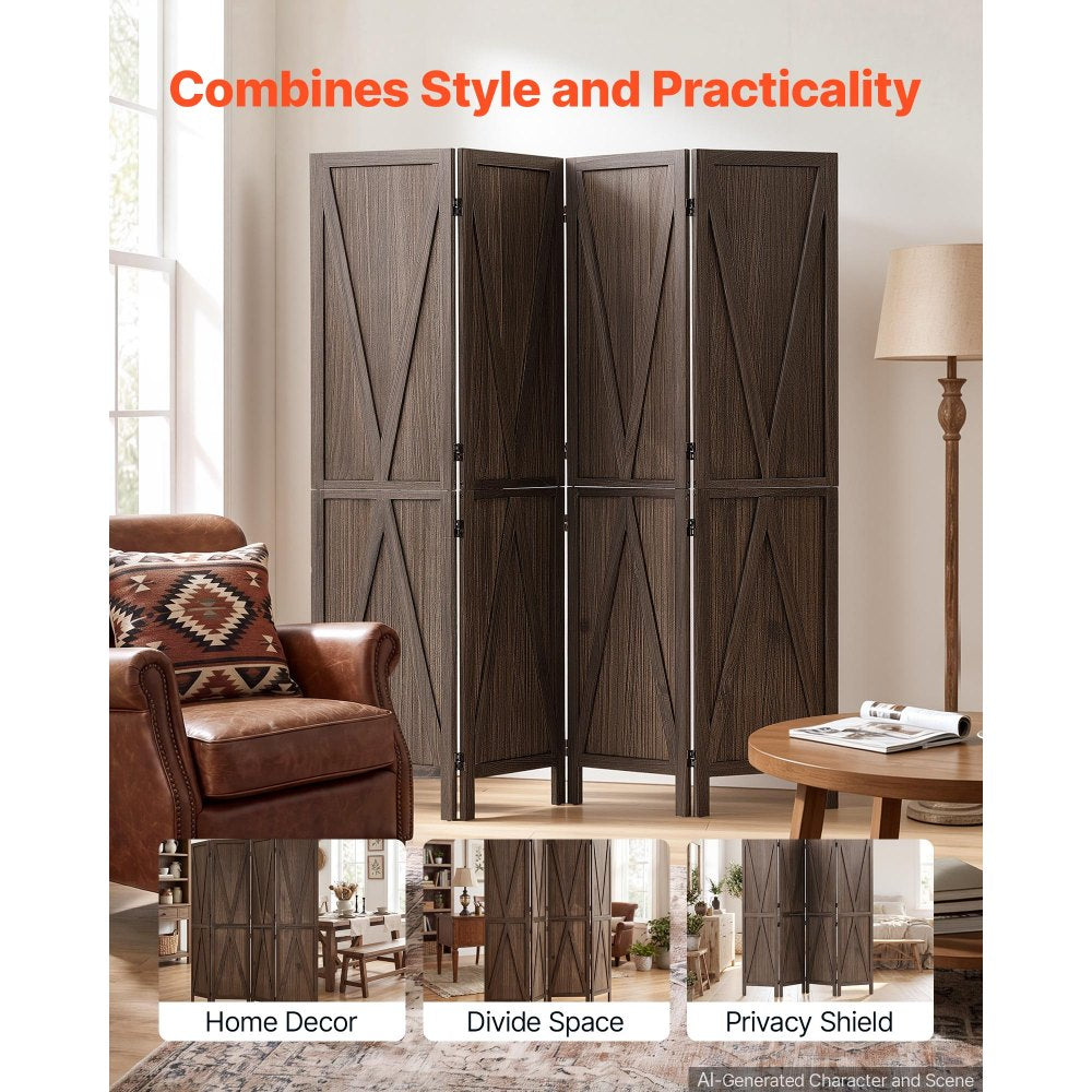 VEVOR Wood Room Divider 4 Panels Wood Folding Privacy Screen X Pattern, For Room Separation & Home Decor, 67 inches Tall, Solid Frame, 360° Two-Way Hinges, Rustic Wooden Partition with Hardware