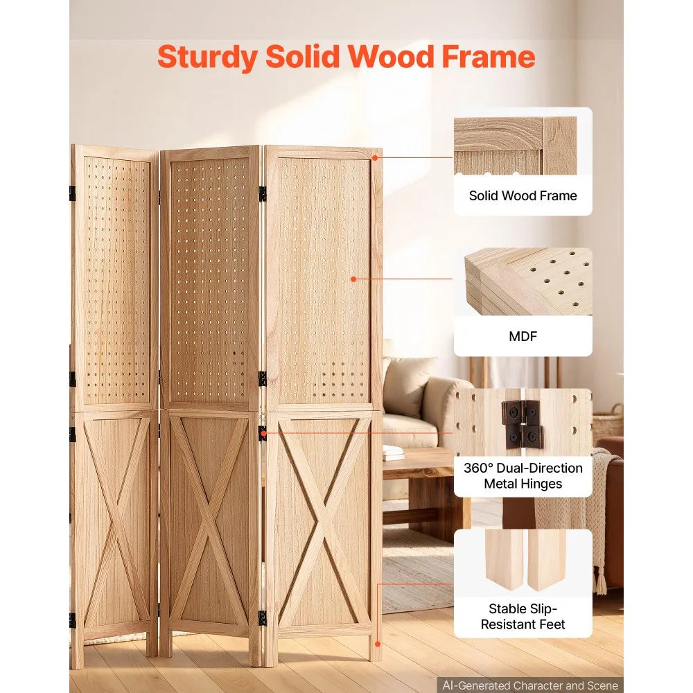 VEVOR Wood Room Divider 4 Panels 59.8" Pegboard Wood Folding Privacy Screen, For Room Separation & Home Decor, Solid Frame with X Pattern, 360° Two-Way Hinges, Rustic Wooden Partition with Hardware