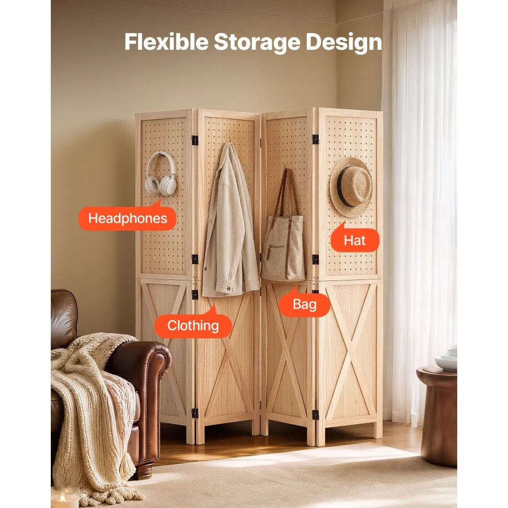 VEVOR Wood Room Divider 4 Panels 59.8" Pegboard Wood Folding Privacy Screen, For Room Separation & Home Decor, Solid Frame with X Pattern, 360° Two-Way Hinges, Rustic Wooden Partition with Hardware