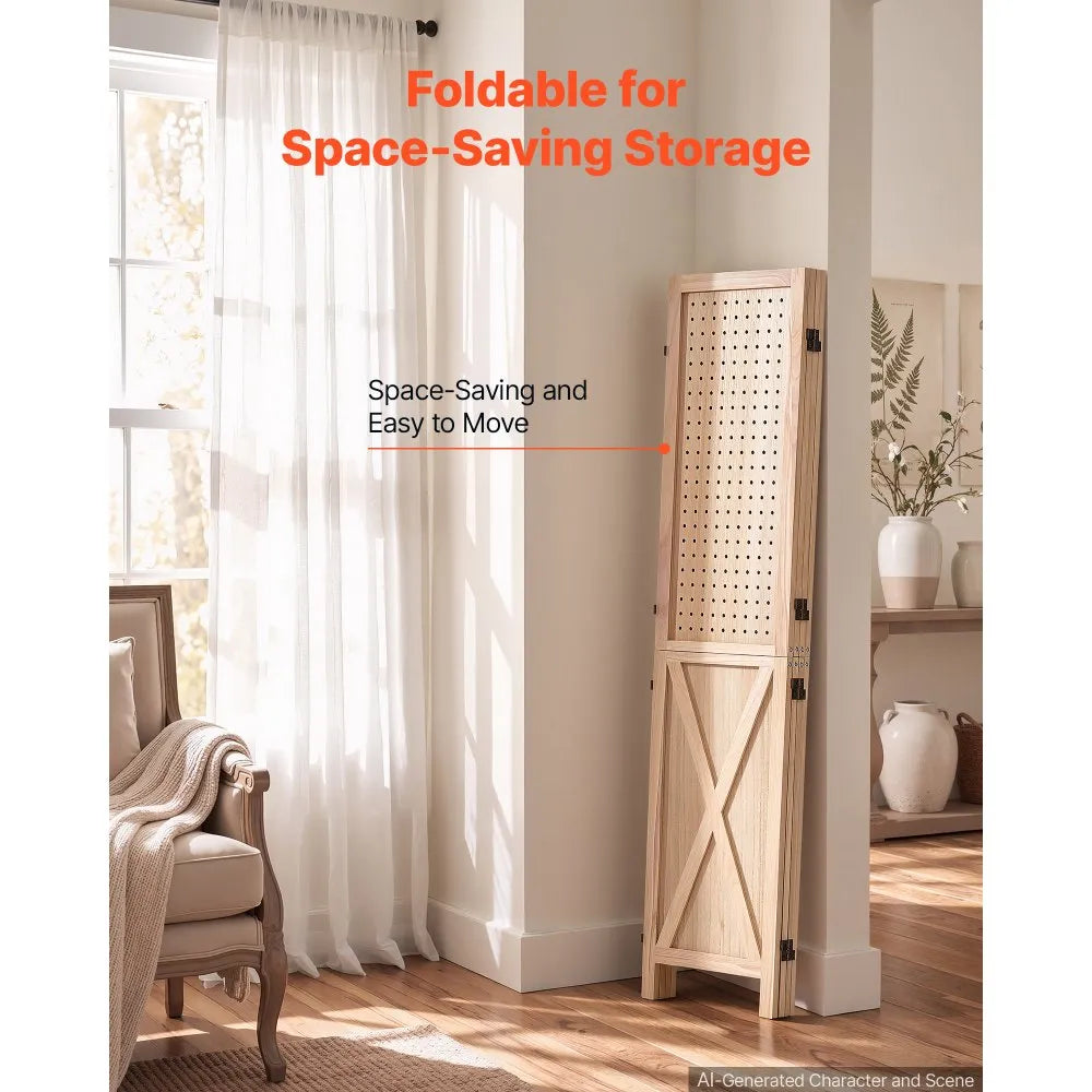VEVOR Wood Room Divider 4 Panels 59.8" Pegboard Wood Folding Privacy Screen, For Room Separation & Home Decor, Solid Frame with X Pattern, 360° Two-Way Hinges, Rustic Wooden Partition with Hardware