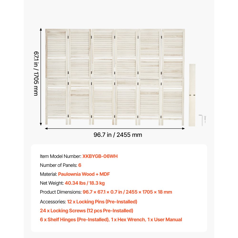 VEVOR Wood Room Divider 6 Panels Wood Folding Privacy Screen with Shelves, For Room Separation & Home Decor, 67.1 in Tall, Solid Frame, 360° Two-Way Hinges, Louvered Wooden Partition with Hardware