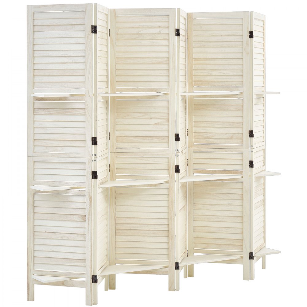 VEVOR Wood Room Divider 6 Panels Wood Folding Privacy Screen with Shelves, For Room Separation & Home Decor, 67.1 in Tall, Solid Frame, 360° Two-Way Hinges, Louvered Wooden Partition with Hardware