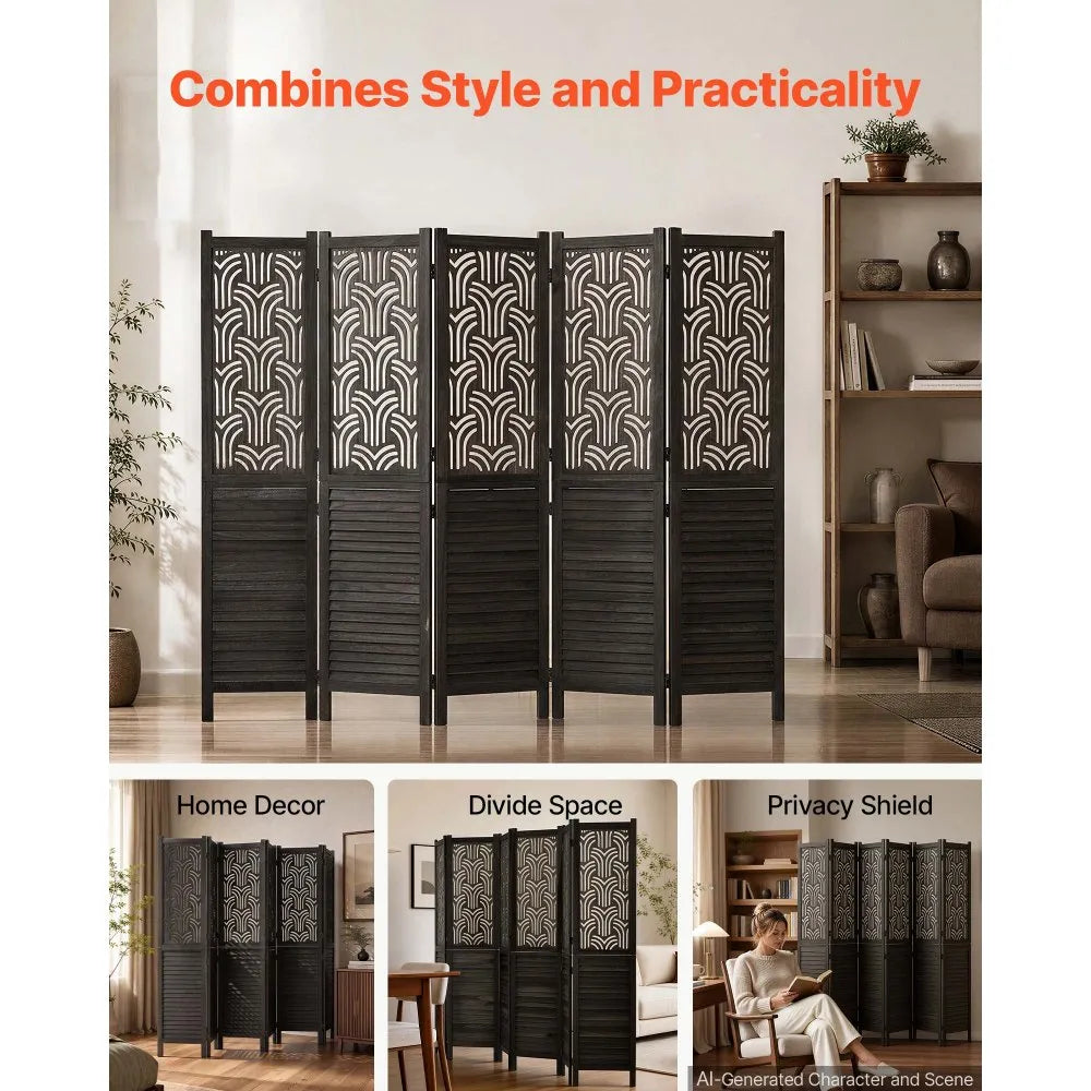 VEVOR Wood Room Divider 6 Panels 67 in Carved Wood Folding Privacy Screen, For Room Separation & Home Decor, Solid Frame, 360° Two-Way Hinges, Easy Assembly, Louvered Wooden Partition with Hardware