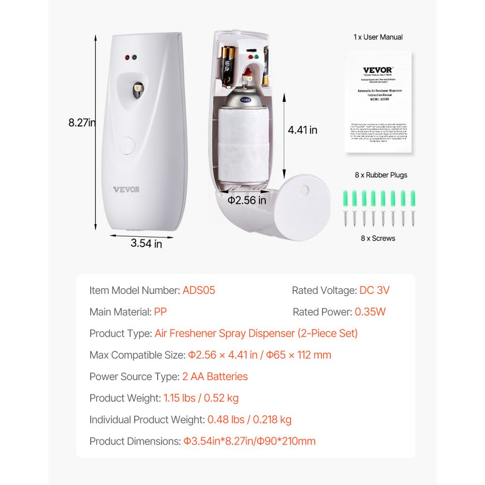 VEVOR Automatic Air Freshener Spray Dispenser, 4-Pack, Wall Mounted or Free Standing, Battery Operated, Multiple Time Settings for Home, Indoor, Bathrooms, Offices, Hotels, Commercial Places, White