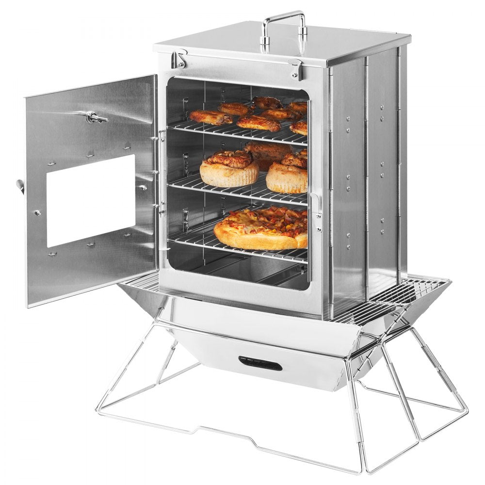 VEVOR Foldable Camping Oven, Stainless Steel Portable Camping Stove, with 3 Tier Grill, Handle and Thermometer, Use with Wood Burning Fire, Propane Stoves, for Baking Bread, Pizza, Outdoor Cooking