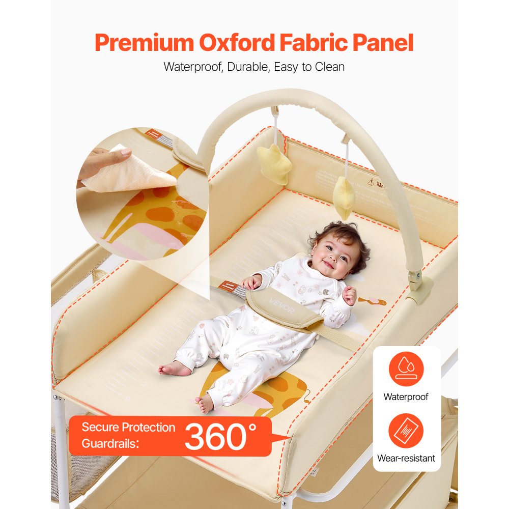VEVOR Baby Changing Table, Foldable Diaper Change Station with 2 Fabric Drawers, Side Basket & Hanging Rod, Adjustable Height Portable Changing Table with Lockable Wheels & 2 Star Toys, Light Beige