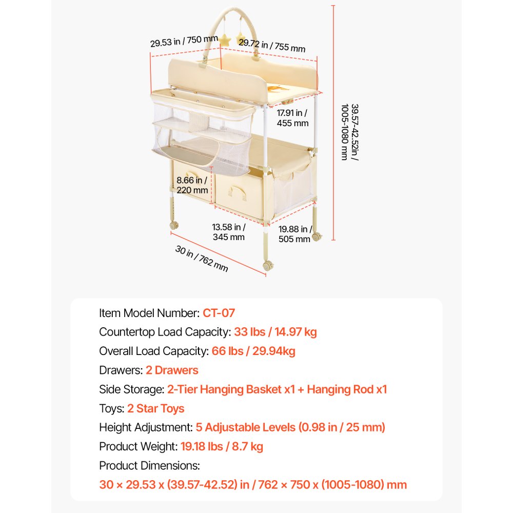 VEVOR Baby Changing Table, Foldable Diaper Change Station with 2 Fabric Drawers, Side Basket & Hanging Rod, Adjustable Height Portable Changing Table with Lockable Wheels & 2 Star Toys, Light Beige
