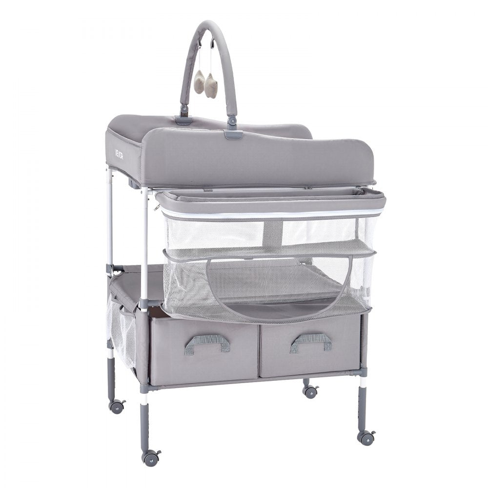 VEVOR Baby Changing Table, Foldable Diaper Change Station with 2 Fabric Drawers, Side Basket & Hanging Rod, Adjustable Height Portable Changing Table with Lockable Wheels & 2 Star Toys, Light Gray