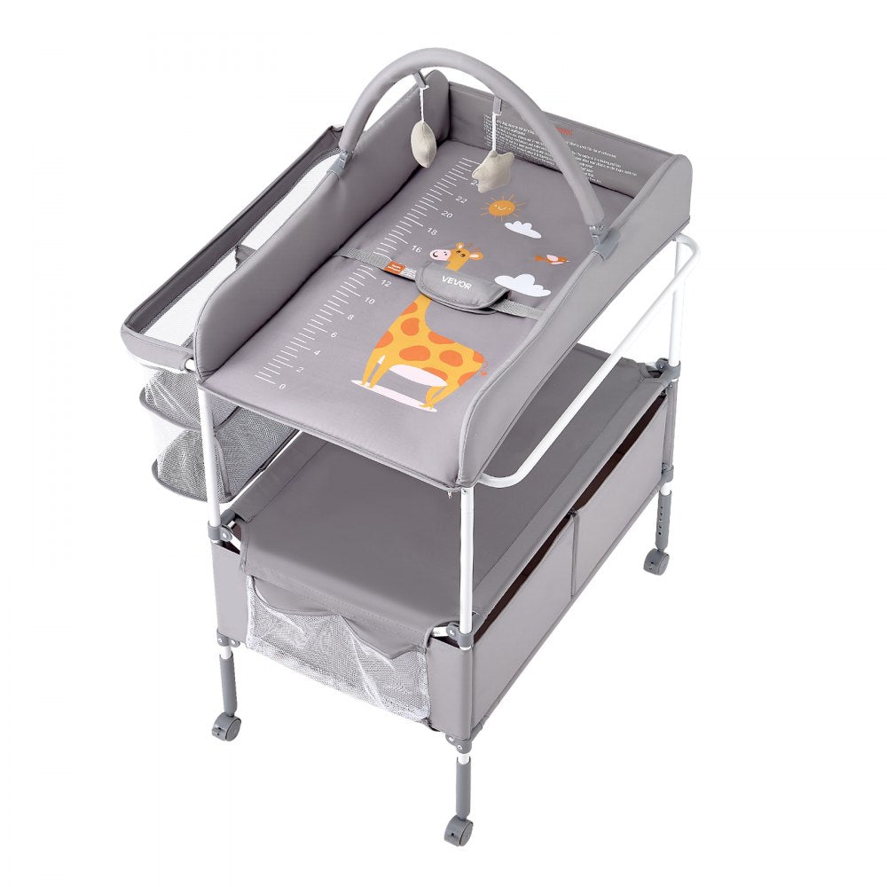VEVOR Baby Changing Table, Foldable Diaper Change Station with 2 Fabric Drawers, Side Basket & Hanging Rod, Adjustable Height Portable Changing Table with Lockable Wheels & 2 Star Toys, Light Gray