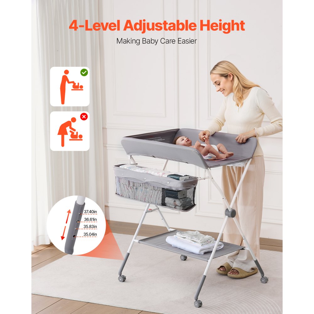 VEVOR Baby Changing Table, Foldable Diaper Change Station with Side Basket, Adjustable Height Portable Changing Table with Lockable Wheels, Multi-Functional Storage Organizer Nursery, Light Gray