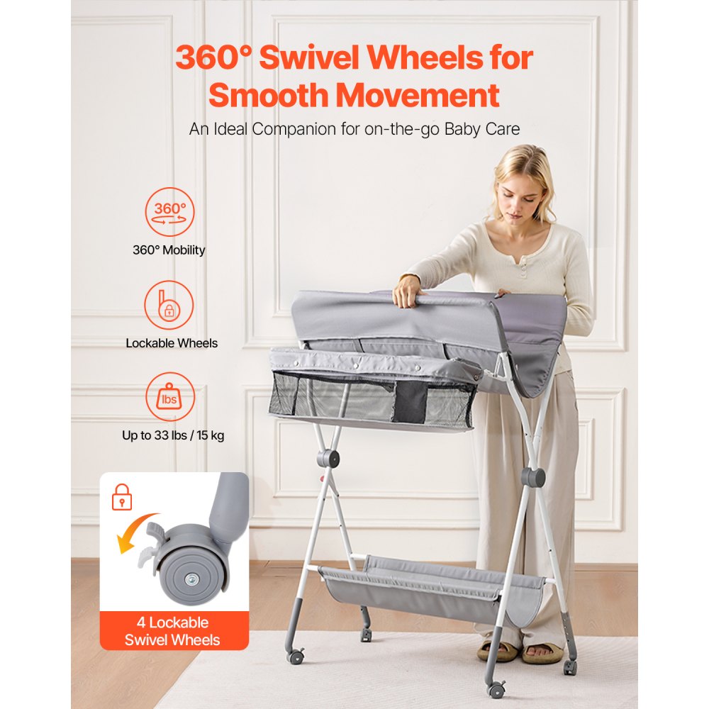 VEVOR Baby Changing Table, Foldable Diaper Change Station with Side Basket, Adjustable Height Portable Changing Table with Lockable Wheels, Multi-Functional Storage Organizer Nursery, Light Gray