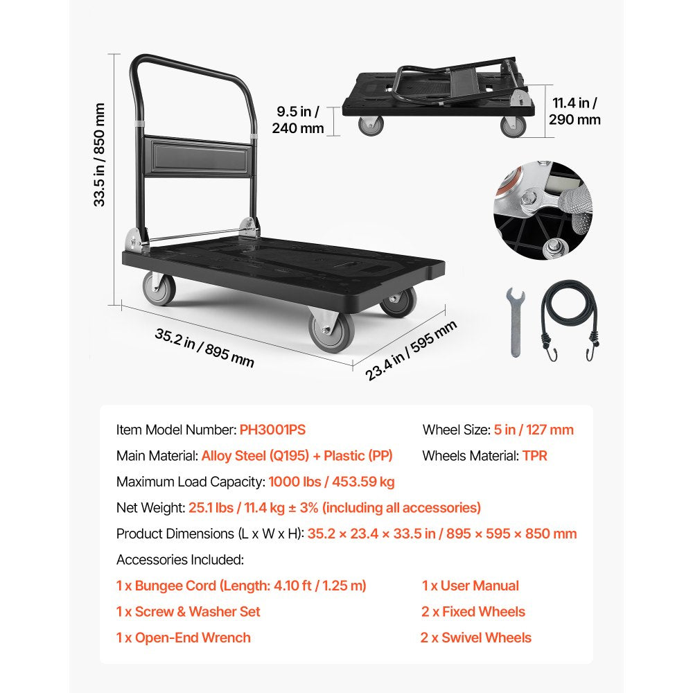 VEVOR Foldable Push Cart Dolly, 1000 lbs Capacity, Folding Platform Truck with Swivel Wheels, Moving Platform Hand Truck Flatbed Cart, Space Saving Push Handle, for Easy Storage, 35.2 x 23.4 x 33.5 in