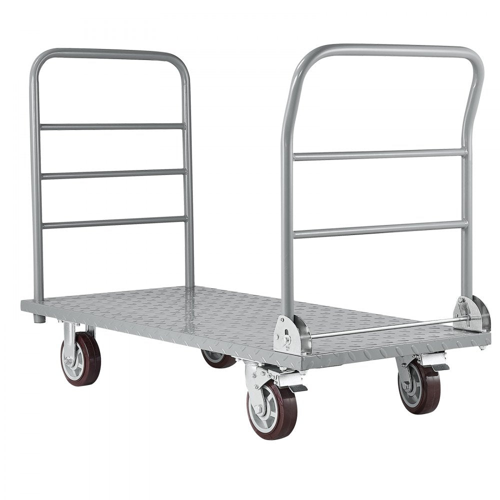 VEVOR Platform Truck, 2650 lbs Capacity, Heavy Duty Flatbed Cart Dolly with Detachable Guardrail and Swivel Wheels, Foldable Hand Push Truck Cart, for Groceries, Garage, Warehouse, 48 x 24 x 36.2 in