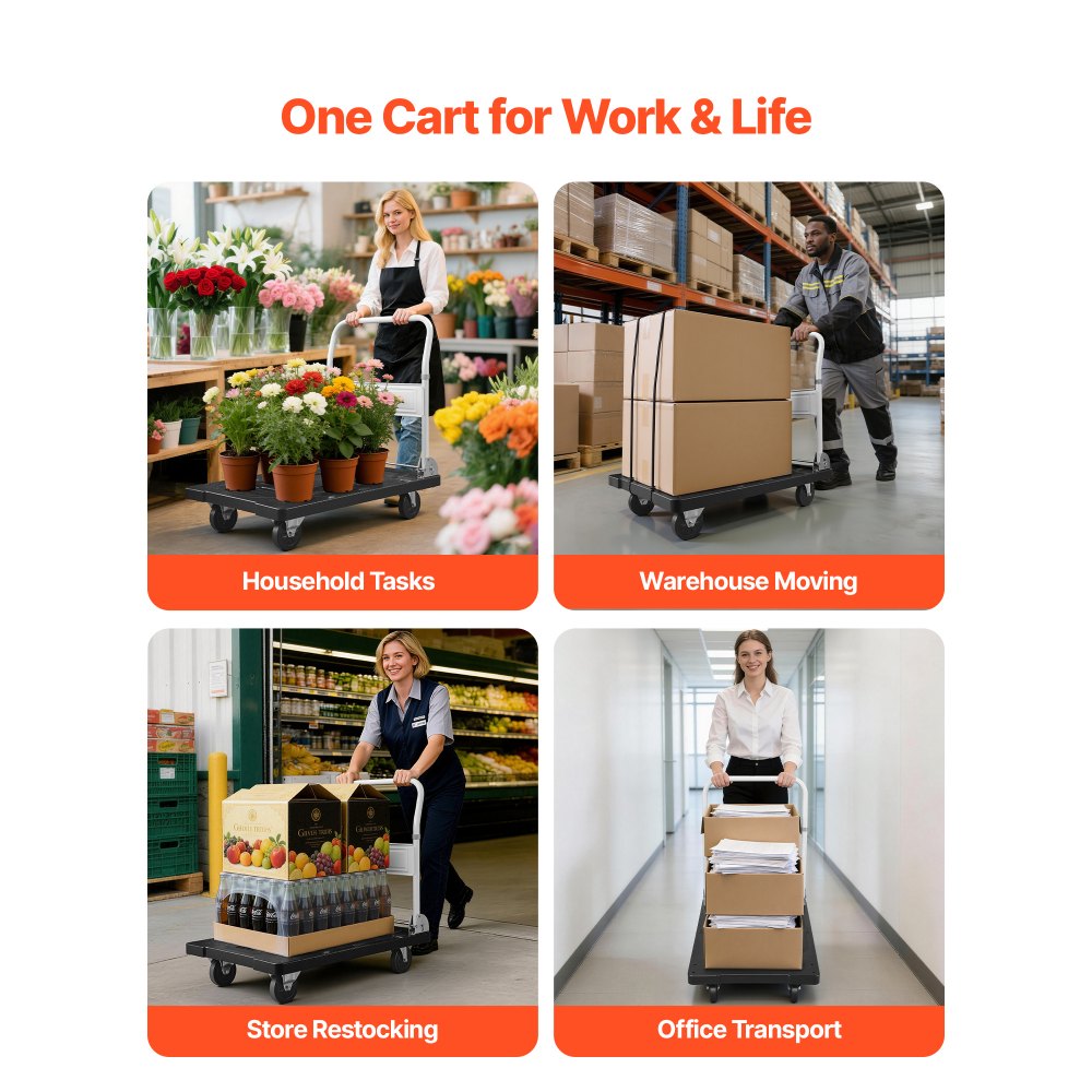 VEVOR Foldable Push Cart Dolly, 660 lbs Capacity, Folding Platform Truck with Swivel Wheels, Moving Platform Hand Truck Flatbed Cart, Space Saving Push Handle, for Easy Storage, 35.2 x 23.4 x 33.5 in