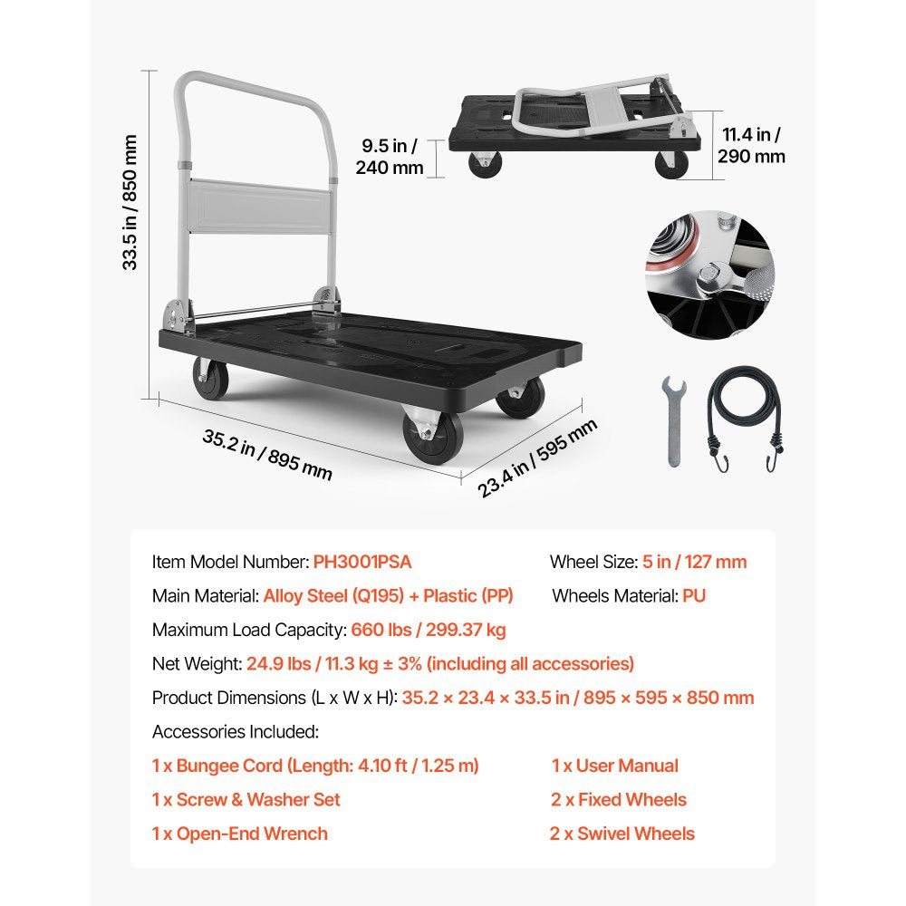 VEVOR Foldable Push Cart Dolly, 660 lbs Capacity, Folding Platform Truck with Swivel Wheels, Moving Platform Hand Truck Flatbed Cart, Space Saving Push Handle, for Easy Storage, 35.2 x 23.4 x 33.5 in