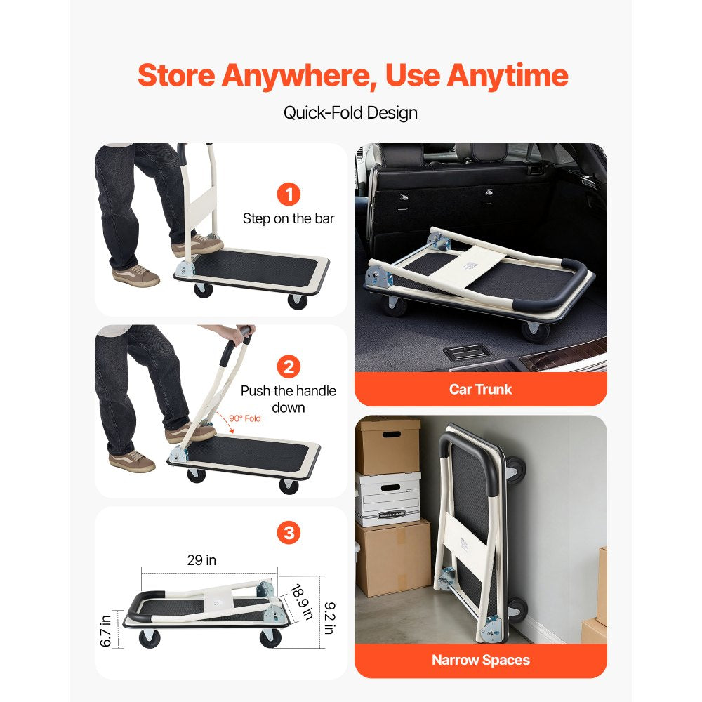 VEVOR Foldable Push Cart Dolly, 330 lbs Load Capacity, Folding Platform Truck with Swivel Wheels, Moving Platform Hand Truck Flatbed Cart, Space Saving Push Handle, for Easy Storage, 29 x 18.9 x 32.5 in