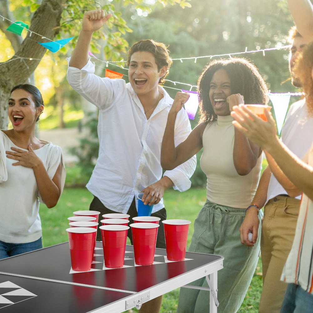 VEVOR 8 Foot Portable Beer Pong Table, Foldable Tailgate Table,Carrying Handles and 6 Pong Balls, Adjustable Height, Lightweight Table for Office, Tailgate Party, Travel and Camping, Black