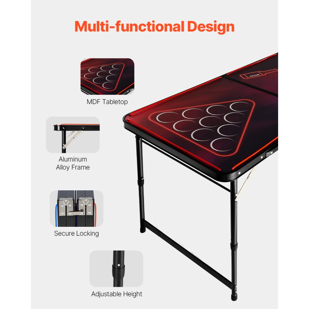 VEVOR 8 Foot Portable Beer Pong Table, LED Lights, Foldable Tailgate Table with Carrying Handles and 6 Pong Balls, Adjustable Height, Lightweight Table for Office, Tailgate Party, Travel & Camping
