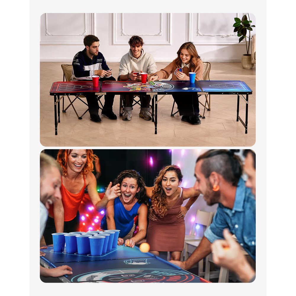 VEVOR 8 Foot Portable Beer Pong Table, LED Lights, Foldable Tailgate Table with Carrying Handles and 6 Pong Balls, Adjustable Height, Lightweight Table for Office, Tailgate Party, Travel & Camping