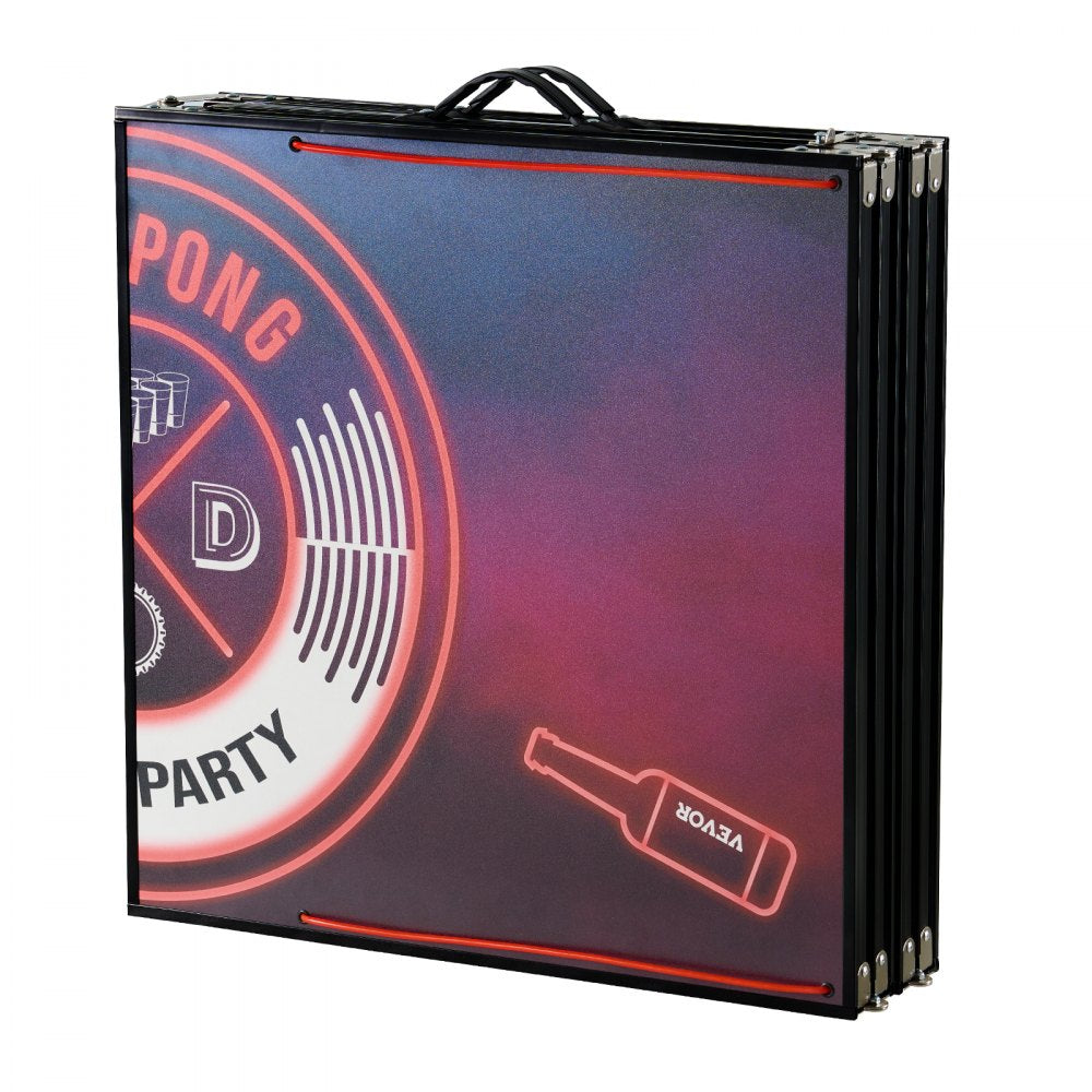 VEVOR 8 Foot Portable Beer Pong Table, LED Lights, Foldable Tailgate Table with Carrying Handles and 6 Pong Balls, Adjustable Height, Lightweight Table for Office, Tailgate Party, Travel & Camping