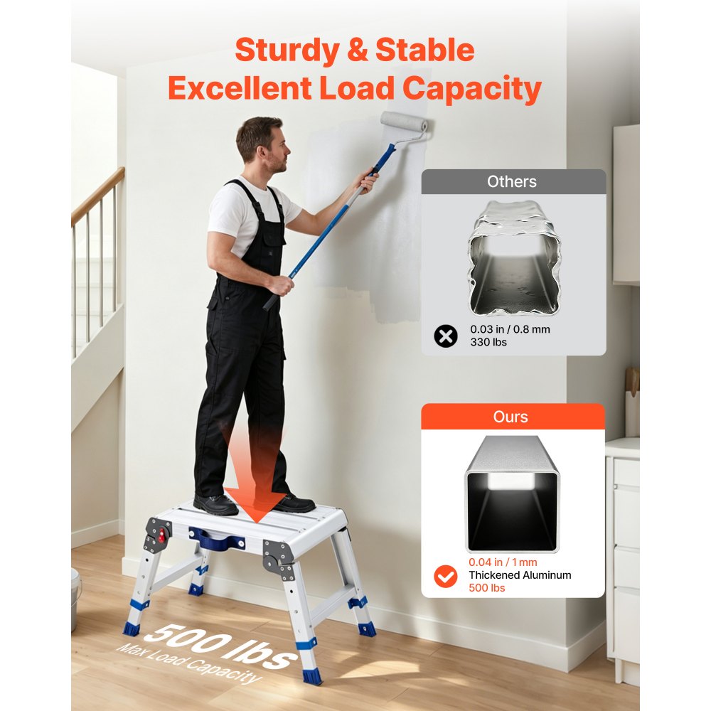 VEVOR Folding Work Platform, Adjustable Height 12-16 in, 500 lbs Capacity Aluminum Step Stool, Heavy Duty Non-Slip Platform Ladder, Portable Work Bench for Painting, Cleaning, Home & Professional Use