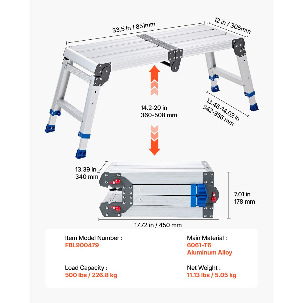 VEVOR Folding Work Platform, Adjustable Height 14.2-20 in, 500 lbs Capacity Aluminum Step Stool, Heavy Duty Non-Slip Platform Ladder, Portable Work Bench for Painting, Cleaning, Home & Professional